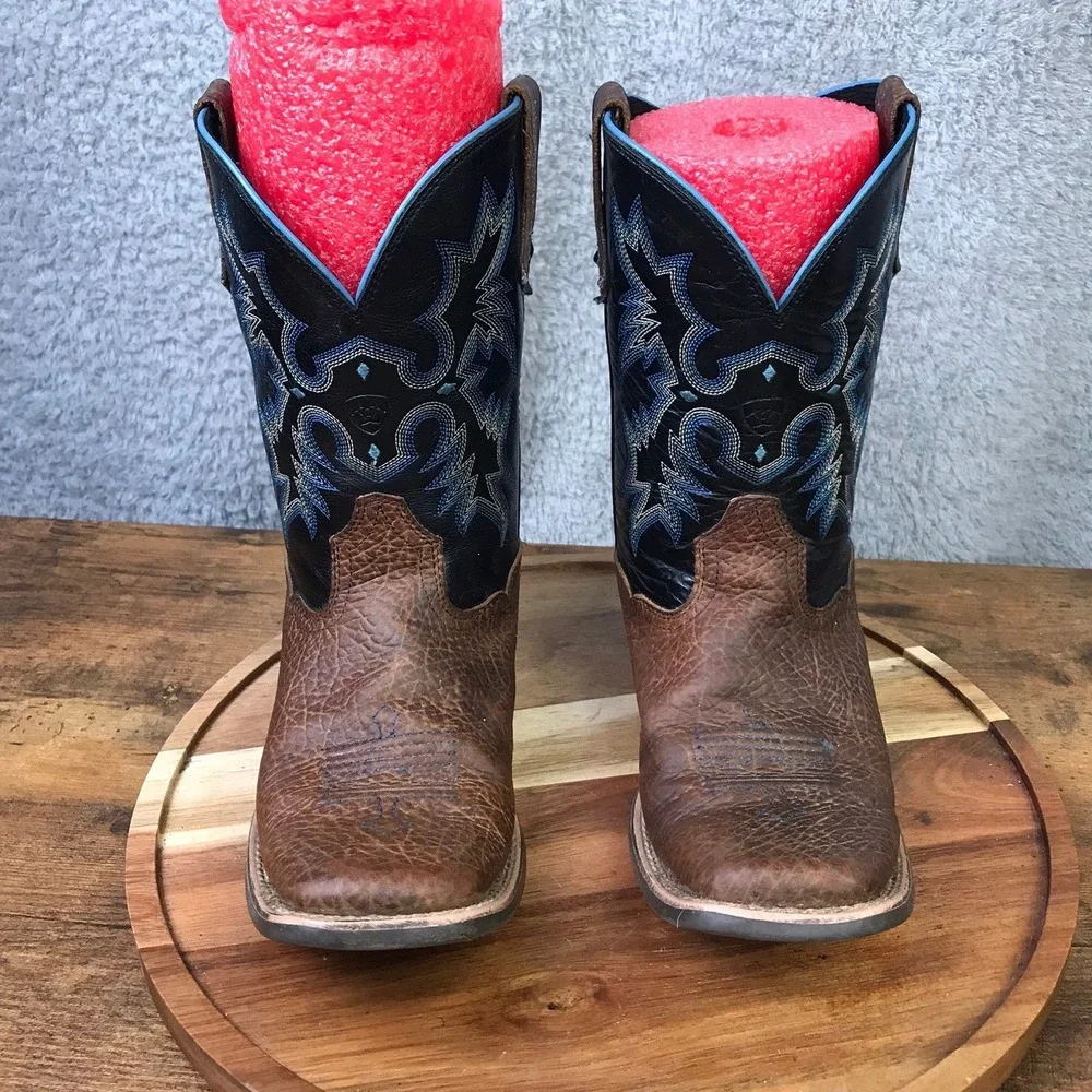 Ariat Tombstone Western Boots Kids 3 Brown Black Blue Stitched Square Toe Cowboy
